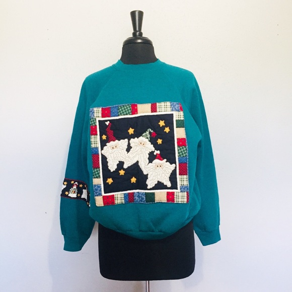 Christmas Quilted Sweater Green Santa Patch! - Picture 2 of 7